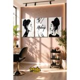 PANDA SOKAĞI 3'lü Makeup Studio Ahşap UV Baskı Tablo Seti 30x42 cm – 3 mm MDF Dekoratif Kuaför & Güzellik Salonu Duvar Tablosu – Çift Taraflı Bant ile Montaj