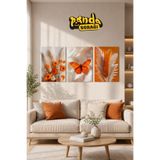 PANDA SOKAĞI 3'lü Turuncu Kelebek ve Pampas Çiçeği Temalı Ahşap UV Baskı Tablo Seti 30x42 cm – Modern Salon ve Ev Dekorasyonu