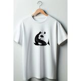 Panda ve Balina Baskılı Oversize Geniş Kalıp Unisex Bisiklet Yaka Beyaz Tshirt - M