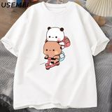 Panda ve Brownie Ayı Çift Bisiklet Sürme T-Shirt Boy Komik Karikatür T Shirt Erkekler Pamuk O 3040 - Beyaz