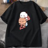 Panda ve Brownie Ayı Çift Bisiklet Sürme T-Shirt Boy Komik Karikatür T Shirt Erkekler Pamuk O 3040 - Siyah