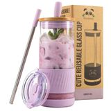Pandaloo Pipetli Cam Bardaklar -20 Fl Oz- Mükemmel Boy Buzlu Kahve/Smoothie Bardak Yoldayken Bambu Kapaklı - Pipetli Cam Bardak (1 Adet (1 Adet), Lila Rhapsody)