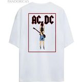 Pandorica's Ac/dc Tasarimi Sırt Baskılı Unisex Pamuklu T-Shirt - Beyaz