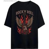 Pandorica's Rock Tasarım Serisi "rock 'n' Roll Yazılı Gitar Baskılı Unisex Pamuklu T-Shirt - Siyah