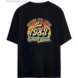 Pandorica's Vintage 1983 Doğum Yılı Baskılı Retro Tasarım Serisi Unisex Pamuklu Tişört - Siyah - XL