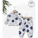 Panfilia Giza Kids %100 Pamuk Erkek Bebek Pijama Takımı - Beyaz - Mavi - 3 - 6 Ay