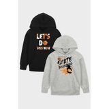 Panios Kids 2'li Let's Do-skate Boarding Baskılı Erkek Çocuk Kanguru Cepli Kapüşonlu Siyah-gri Sweatshirt Siyah - Gri
