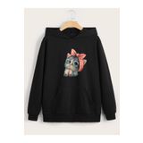 panios kids Kedi Baskılı Kız Çocuk Kanguru Cepli Kapüşonlu Siyah Sweatshirt