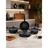 Pann City 7 Parça Granit Tencere Seti 20-24 cm Derin Tencere 24 cm Tava 26 cm Basık Tencere Takım - Siyah