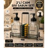 PANORAMA 2’li Cam Sıvı Sabunluk ve Deterjanlık Seti – Sünger Hazneli Metal Standlı, Siyah Pompalı Mutfak & Banyo Seti