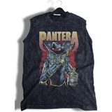 Pantera Baskılı Yıkamalı Kolsuz Tişört, Unisex Rock Band Temalı Sıfır Kollu Vintage Atlet - Siyah