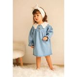 Pantulux Kız Çocuğu Denim Kıyafet Dantelli Bebe Yakalı Düğmeli Denim KIYAFET-K1001-JLB-069 - 2 - 3 Yaş - Mavi