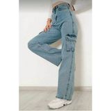 Pantulux Kız Çocuk Pamuk Açık Mavi Yüksek Bel Wide Leg Geniş Paça Kargo Cepli Kot PANTOLON-PNT-2029-K - Comford - 7 - 8 Yaş - Buz Mavi