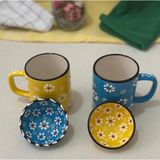 Papatya Çiçek 2 Li Çay Kahve Sarı-Mavi Kupa ve 2 Adet Lokumluk Kase - 400 ml - Açık Mavi - Sarı