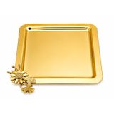 Papatya Metal Kare Tepsi, Altın Renk, 22x22 cm, Dekoratif Çiçek Detaylı, Servis Sunum Tepsisi