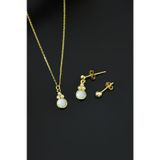 Papatya Silver 925 Ayar Gümüş Gold Kaplama Beyaz Opal Yuvarlak Kolye Çivili ve Top Küpe Set