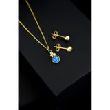 Papatya Silver 925 Ayar Gümüş Gold Kaplama Mavi Opal Yuvarlak Kolye Çivili Top Küpe Set