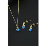 Papatya Silver 925 Ayar Gümüş Gold Kaplama Mavi Opal Yuvarlak Kolye ve Çiftli Küpe Seti