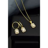 Papatya Silver 925 Ayar Gümüş Gold Kaplama Zirkon Kare Baget Taş Halka Küpe ve Tepelikli Baget Kare Taş Kolye Set