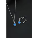 Papatya Silver 925 Ayar Gümüş Mavi Opal Yuvarlak Kolye Çivili Ve Top Küpe Set