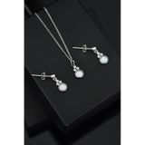 Papatya Silver 925 Ayar Gümüş Rodyum Kaplama Beyaz Opal Yuvarlak Kolye ve Çivili Küpe Set
