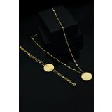 Papatya Silver UVPS600074 Altın Kaplama Firuze Nazar Mineli Plaka Bileklik Set 925 Ayar Gümüş Kolye