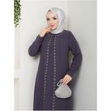 Papatya Taşlı Büyük Beden Anne Elbisesi - Füme - 58