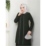 Papatya Taşlı Büyük Beden Anne Elbisesi - Haki - 52
