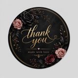 Papelia Siyah Çiçekli Thank You Yuvarlak Etiket – Şık Paketleme ve Teşekkür Stickerı 4x4 cm - 4 x 4 cm