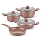 Papilla Argos 7 Parça Tencere ve Tava Seti - Pembe Kırçıl Renkli Yanmaz Yapışmaz Çeyiz Paketi Cam Kapaklı (20/24/26 cm Tencere + 26 cm Tava)