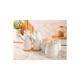PAPİSAHOME 6 Parça Bambu Standlı Papatya Porselen 2li Yağdanlık Ve 3 lü Papatya Kavanoz Set