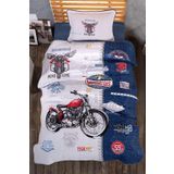 paradise RANFORCE %100 Pamuk Motosiklet Yatağı, Road King Motosiklet Temalı Yatak Örtüsü Yastık Kılıflı, Mavi Beyaz, Çift Kişilik