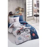 paradise RANFORCE %100 Pamuk Motosiklet Yatağı, Road King Motosiklet Temalı Yorgan Seti, Düz Çarşaflı, Erkek Yatak Odası Takımı, Mavi Beyaz, İkiz XL/İki Kişilik Boy
