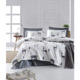 paradise RANFORCE Ağaç ve Geyik Temalı %100 Pamuk Yatak Örtüsü (Pike) Set, Tam/Çift Kişilik, Gri Beyaz, (4 Parça)