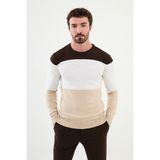 Parçalı Bej Slim Fit Bisiklet Yaka Erkek Triko Kazak - XL
