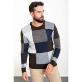 Parçalı Kahverengi Slim Fit Bisiklet Yaka Yün Erkek Triko Kazak - 2XL