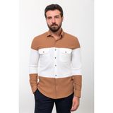 Parçalı Kamel Rengi Slim Fit Uzun Kollu Pamuk Erkek Gömlek - Camel - Ekru
