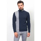 Parçalı Lacivert Renk Slim Fit Tam Balıkçı Yaka Yün Erkek Kazak - Lacivert - Açık Gri - 2XL
