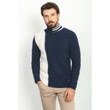 Parçalı Lacivert Renk Slim Fit Tam Balıkçı Yaka Yün Erkek Kazak - Lacivert - Bej - 2XL