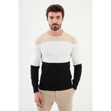 Parçalı Lacivert Slim Fit Bisiklet Yaka Erkek Triko Kazak - XL