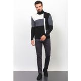 Parçalı Siyah Renk Slim Fit Tam Balıkçı Yaka Yün Erkek Kazak