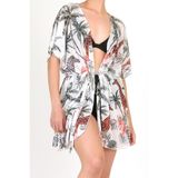 Pareo Plaj Elbisesi Kimono Std Yazlık Oversize Tül Gömlek Kemerli Elbise Tropikal Beyaz