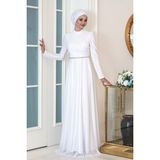 Parıltılı Işıl Tesettür Büyük Beden Abiye - Beyaz - 46