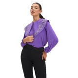 Parıltılı İşlemeli Zarif Yaka Tasarımlı, Balon Kollu Şık Bluz - Özel Günler ve Günlük Kullanım İçin İdeal, Mor, 44