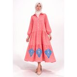 Park Moda %100 Pamuklu Cepli ve Nakışlı Yazlık Tasarım Desenli Nar Çiçeği Pembe Gömlek Tesettür Elbise