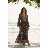 Park Moda Çiçekli Siyah Viskon Kimono Elbise Yazlık Uzun Kruvaze Yaka Kuşaklı Bohem Model