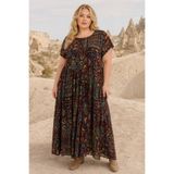 Park Moda Kadın Büyük Beden Kahverengi Viskon Elbise Cepli Etnik Desenli Yazlık Uzun Boho Model