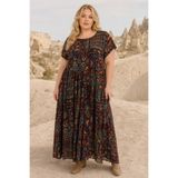 Park Moda Kadın Büyük Beden Kahverengi Viskon Elbise Cepli Etnik Desenli Yazlık Uzun Boho Model