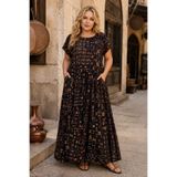 Park Moda Kadın Büyük Beden Siyah Kısa Kol Viskon Elbise Cepli Etnik Desenli Yazlık Uzun Boho Model