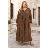 Park Moda Kadın Büyük Beden Siyah Viskon Elbise Püsküllü Yaka Yazlık Uzun Kollu Çiçek Desenli
